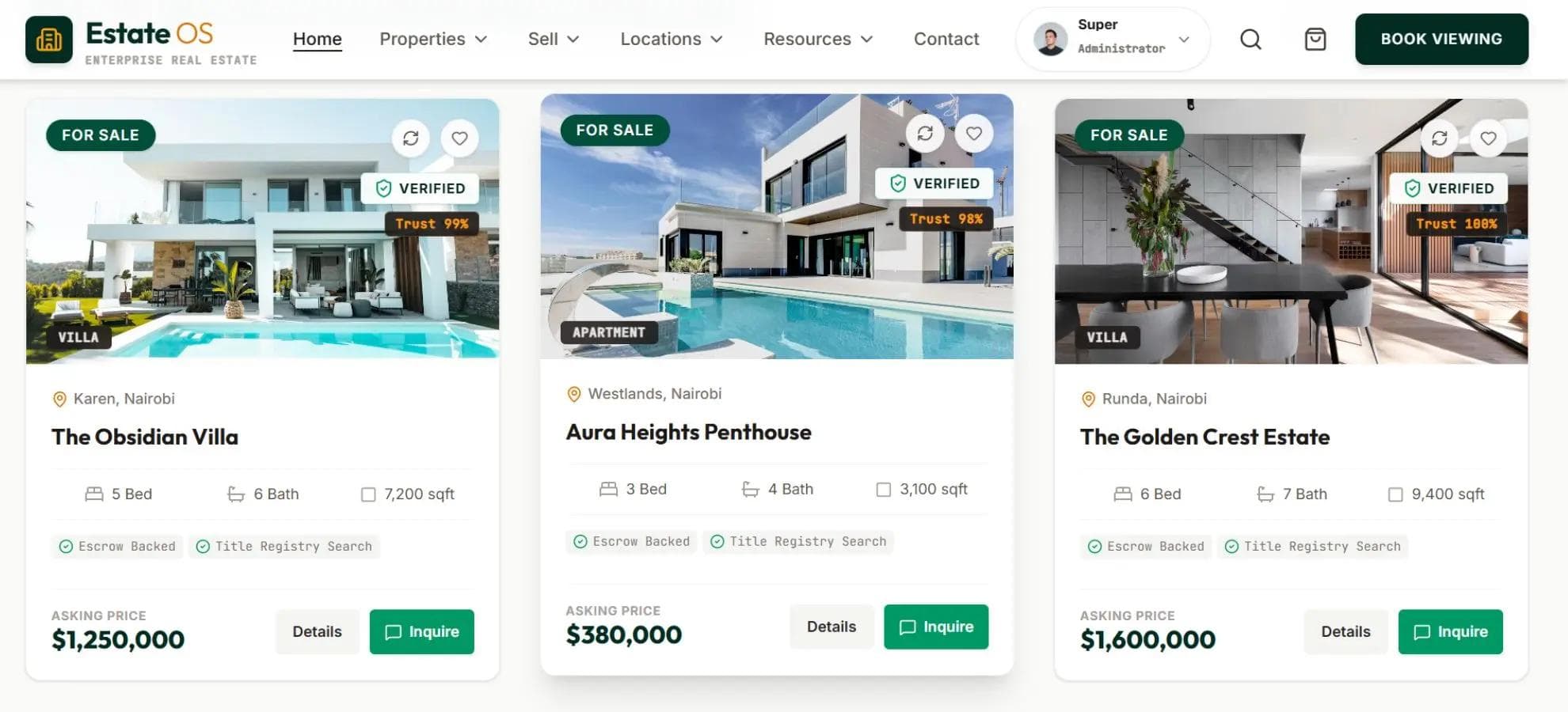 EstateOS property listing interface